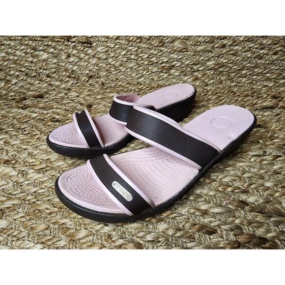 Crocs Patra Women’s 8 Pink & Brown 2-Strap Sandals Wedge Slides Comfort Shoes - Picture 1 of 11